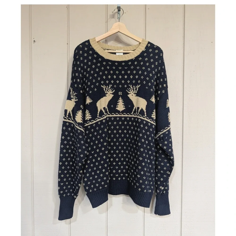 Vintage Old Navy Vintage Reindeer Fair Isle Navy Wool‎ Blend Sweater Holiday